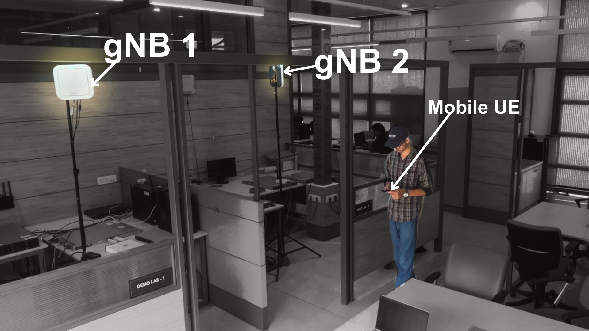 Photograph of the end-to-end testbed in an office lab: a LiteON radio for gNB 1 mounted on a stand in one bay and a radio for gNB 2 on a pillar in the adjacent bay, with a person holding the mobile UE standing between the two coverage areas.