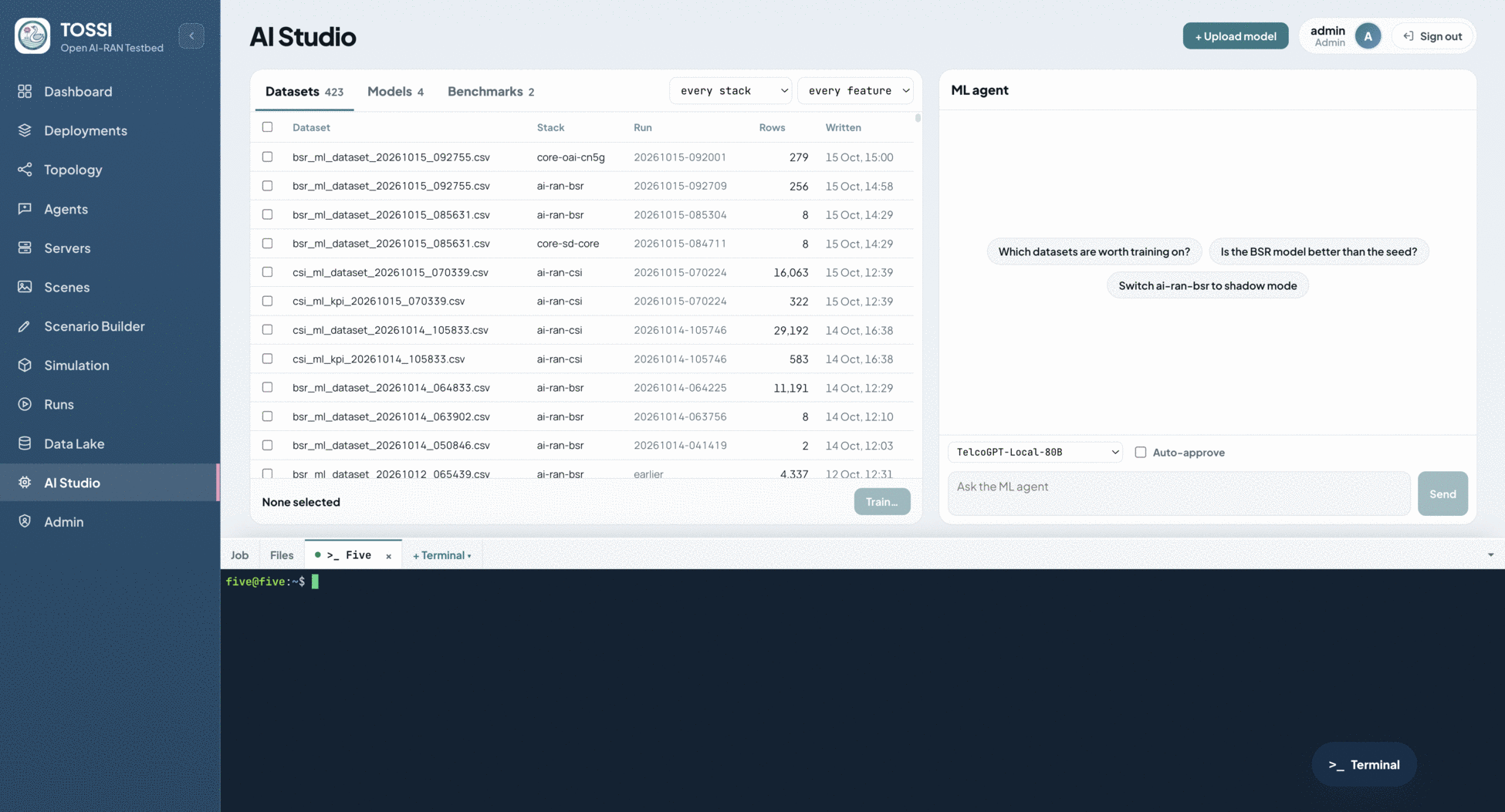 The AI Studio page. A Datasets tab lists every dataset with its file name, the stack that produced it, the run identifier, the row count and when it was written, filterable by stack and by feature, with tabs alongside for Models and Benchmarks. Checkboxes select datasets for training and a Train control carries the selection forward. A right-hand panel holds the ML agent, with suggested prompts offering to identify which datasets are worth training on, whether a model beats its seed, and switching a stack to shadow mode. A model selector and an auto-approve toggle sit below the agent's input box, and a docked terminal is open at the bottom.