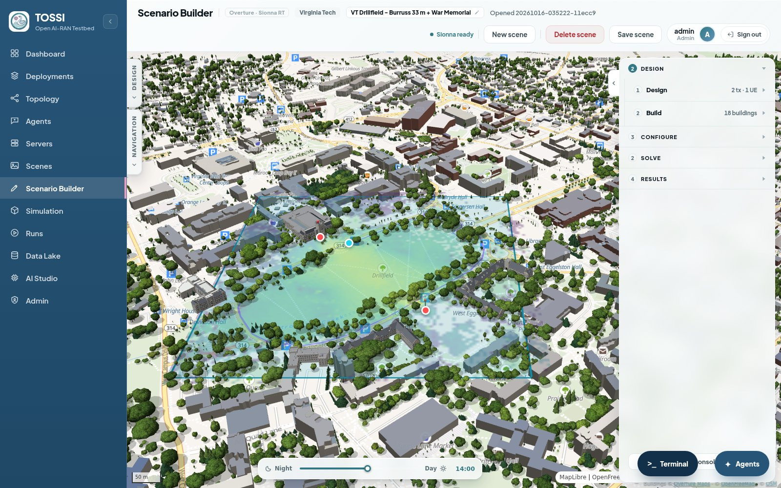 The Scenario Builder with the Design group open. The main area shows a 3D map of a university campus with buildings extruded, trees rendered individually and a terrain surface, with transmitter and receiver markers placed on it and a shaded coverage area between them. A header names the scene and shows that the Sionna runtime is ready, with controls for a new scene, deleting and saving. A right-hand panel steps through four numbered groups, Design, Build, Configure, Solve and Results, with the Design group expanded to show the transmitter and receiver counts and the number of buildings in the built scene. A day and night slider runs along the bottom of the map.