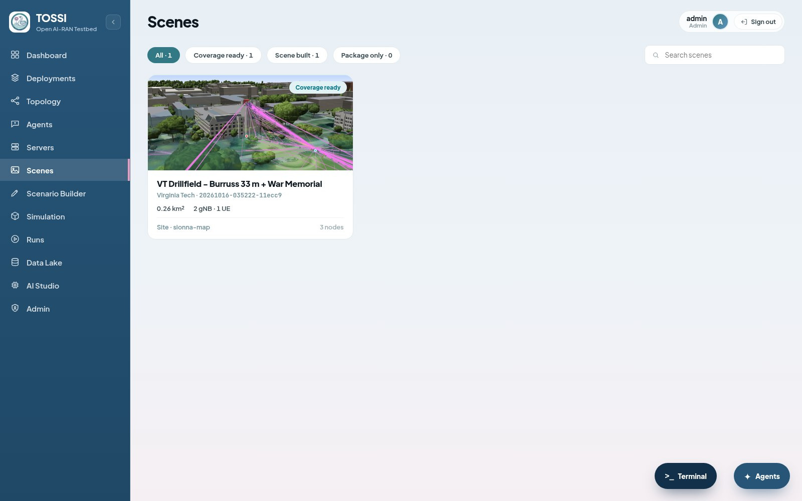 The Scenes page, a library of built scenes shown as cards. Each card carries a preview of the scene, its name and city, the scene identifier, the covered area, the number of transmitters and receivers, and a status badge reading coverage ready, scene built or package only. Controls on each card open the scene in the Builder, in the ray trace simulation or in the handover simulation, and allow it to be renamed or deleted.