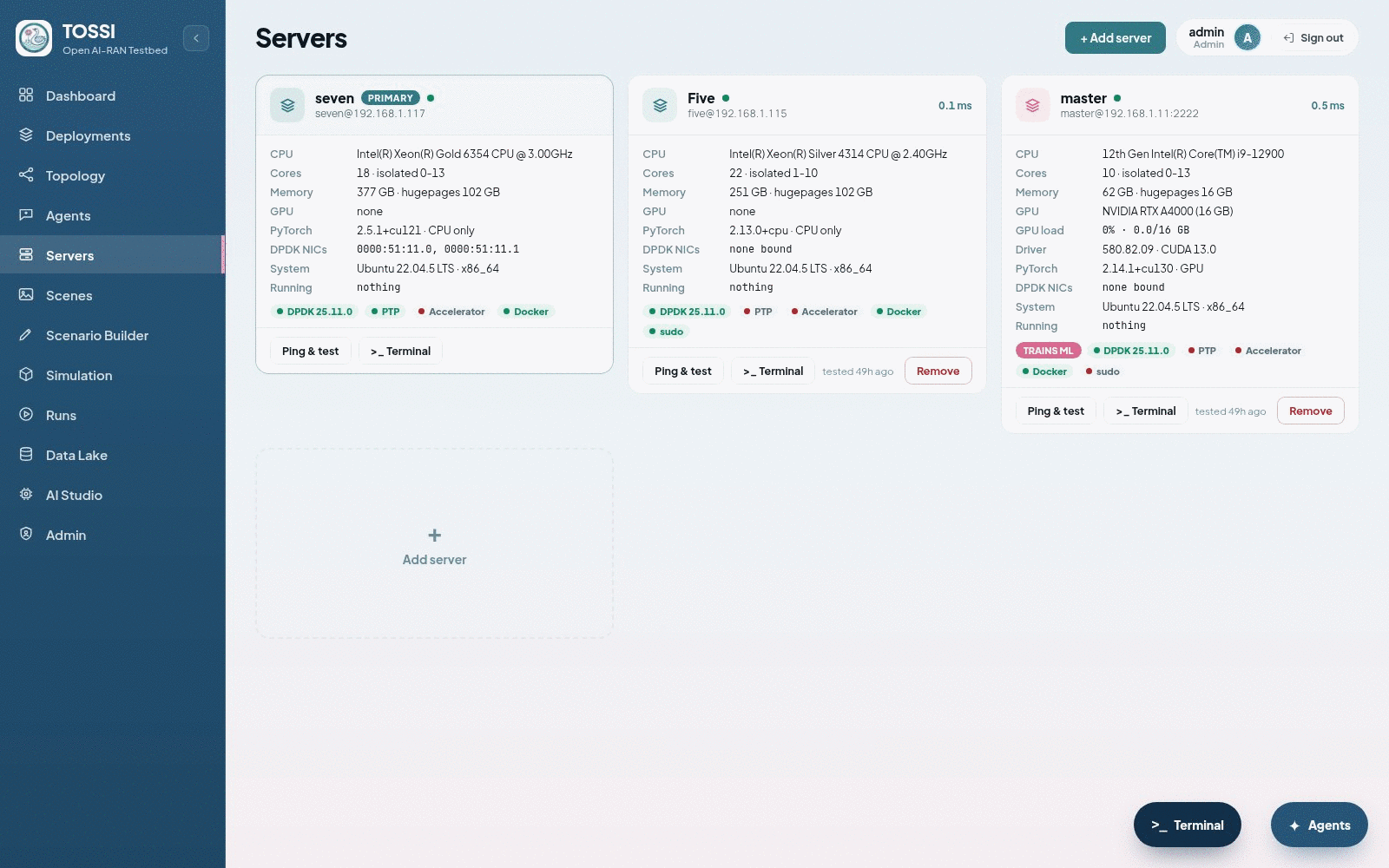 The Servers page. Each registered server is shown as a card giving its nickname and address, CPU model, core count with isolated cores, memory with hugepages, GPU and PyTorch build, DPDK-capable network interfaces, operating system and what is currently running on it. Capability badges on each card record whether the server provides DPDK, PTP, a hardware accelerator, a container runtime and passwordless privilege escalation, with one server additionally badged as the one that trains ML. Controls allow a server to be added, re-probed or removed.