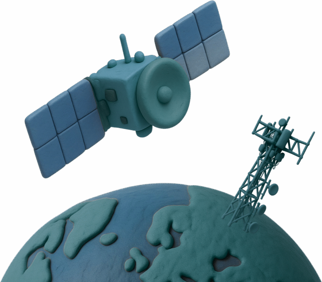 A satellite in orbit above the Earth, with a ground-based telecommunications tower on the horizon below it